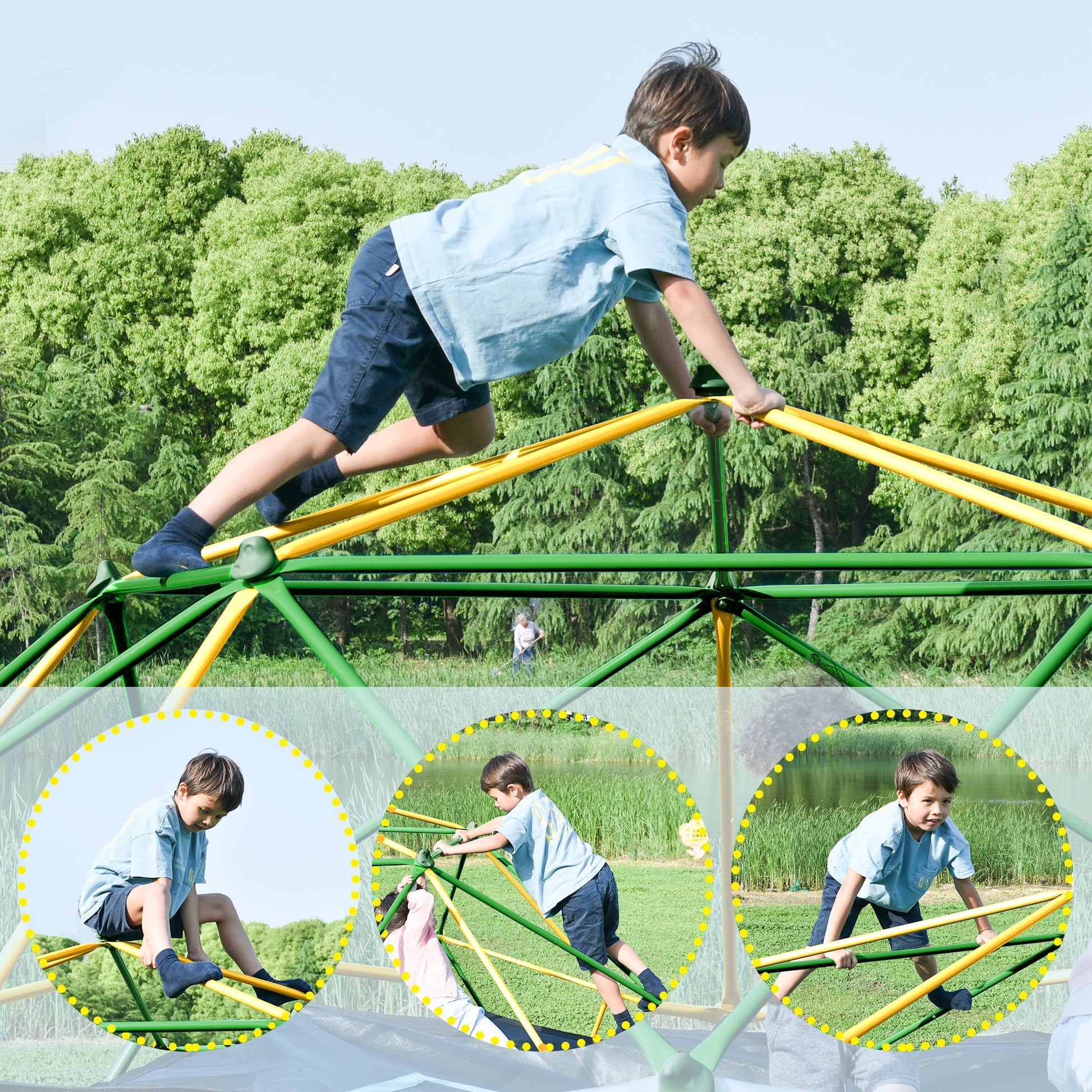 13Ft Geometric Dome Climber Play Center, Kids Climbing Dome Tower With Hammock, Rust & Uv Resistant Steel Supporting 1000 Lbs Yellow Metal