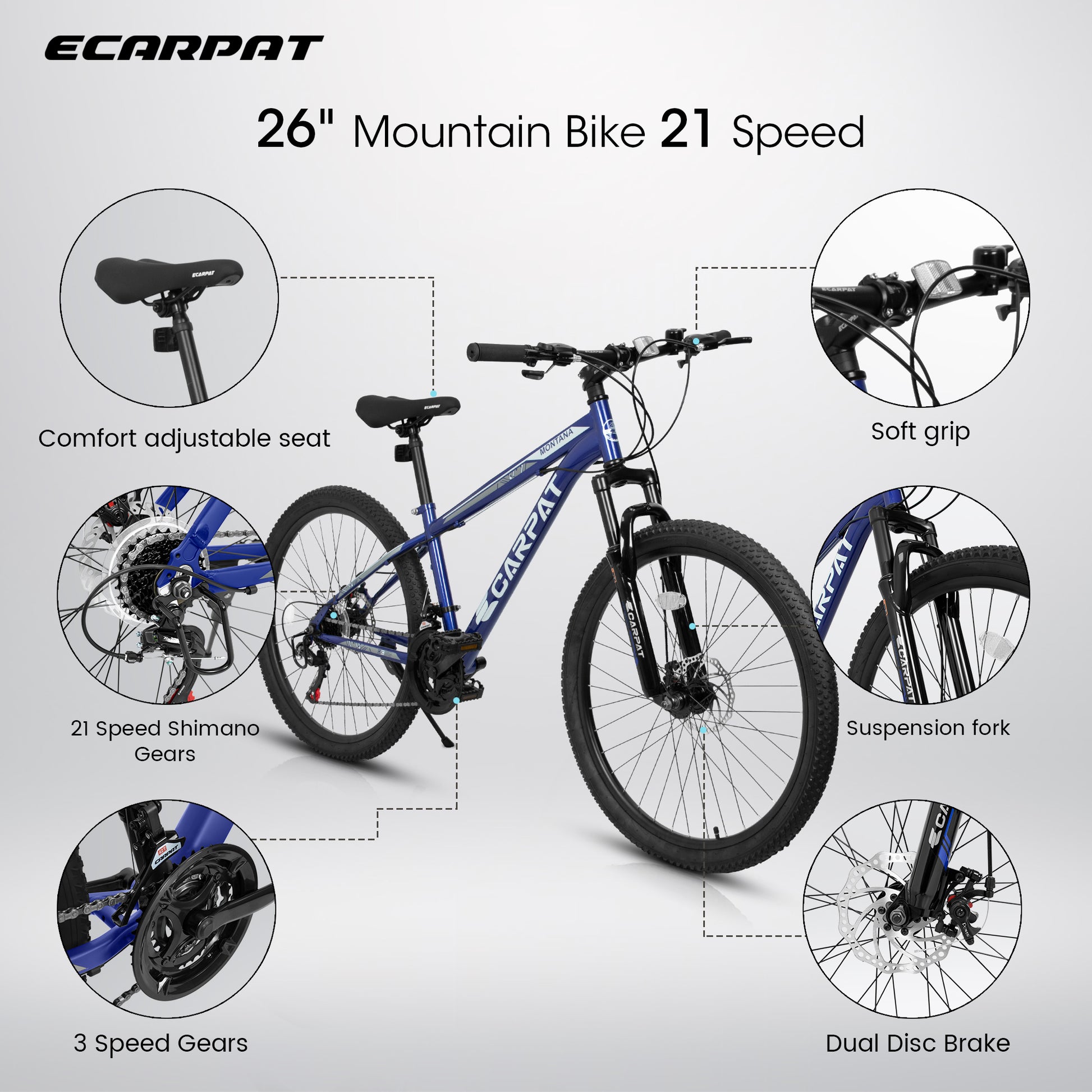 A2610 26 Inch Mountain Bike 21 Speeds, Suspension Fork, Steel Frame Disc Brake For Men Women Mens Bicycle Adlut Bike Cycling Blue Without Anti Slip Garden & Outdoor Classic Multifunctional Steel