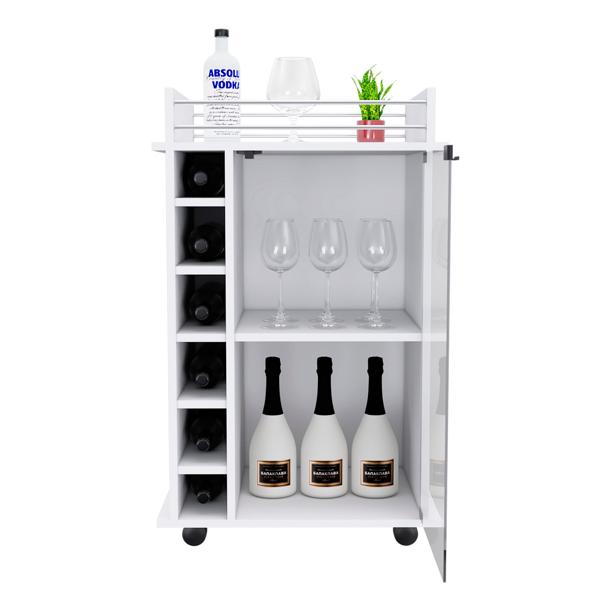 32" H White Bar Coffee Cart, Kitchen Or Living Room Cabinet Storage With With 4 Wheels, With 6 Bottle Racks, A Central Shelf Covered By 1 Glass Door, 1 Support Surface With Aluminum Front. White