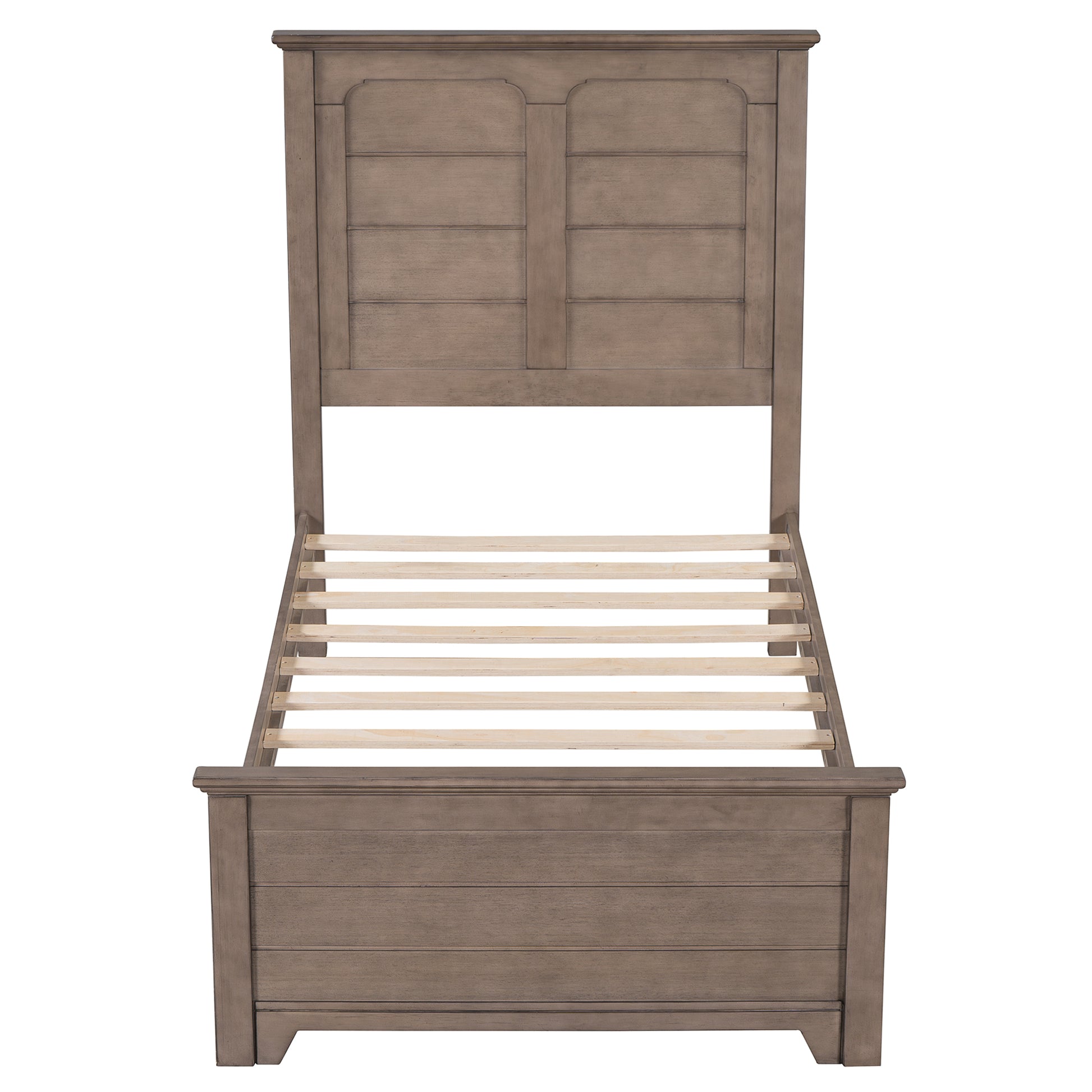 Farmhouse Wooden Platform Twin Size Bed With Panel Design Headboard And Footboard For Teenager, Ash Brown Twin Ash Brown Pine