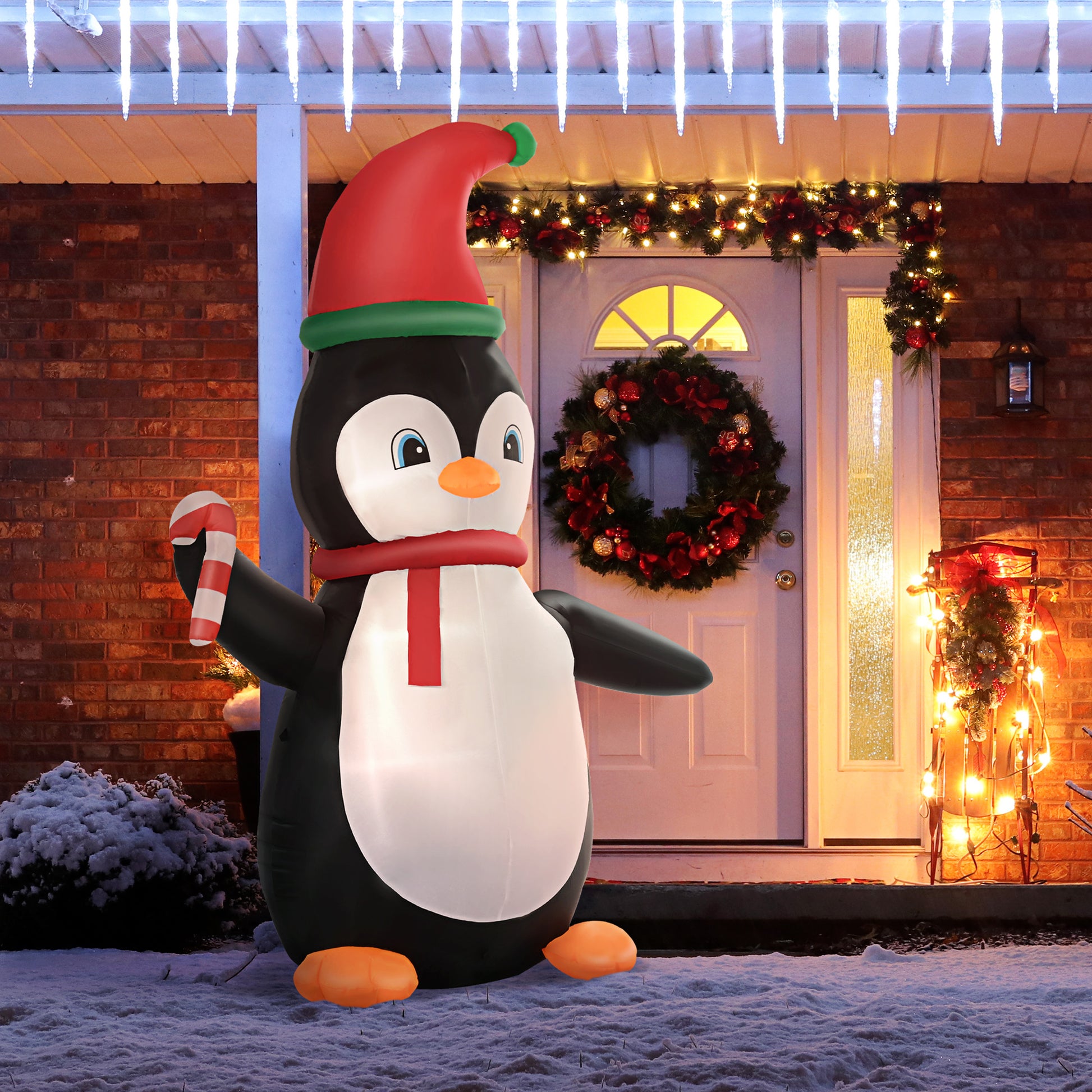 Homcom 8Ft Christmas Inflatables Outdoor Decorations Penguin With Candy Cane, Blow Up Yard Christmas Decor With Led Lights Display Multicolor Polyester