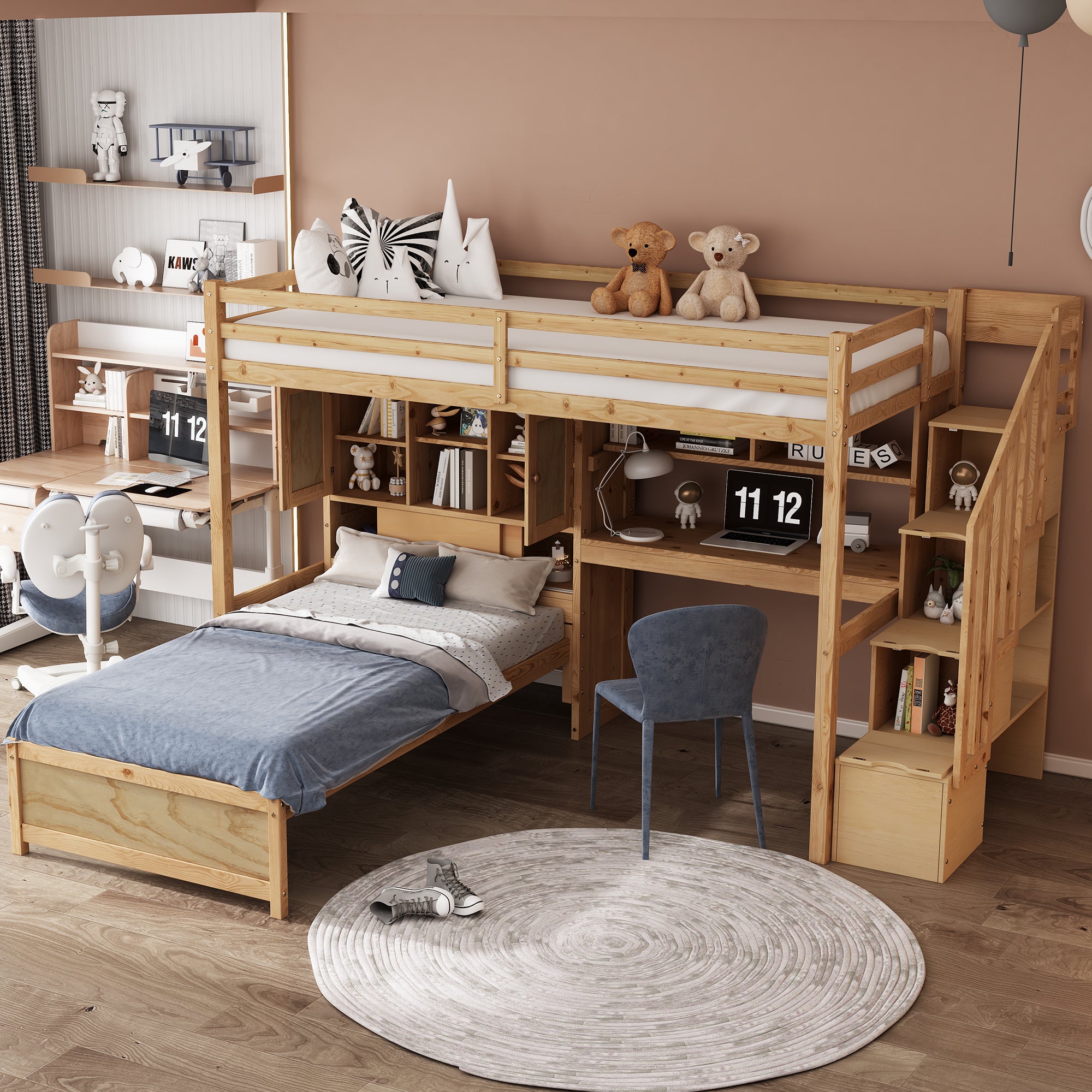 Twin Over Twin Loft Bed With Built In Desk And Staircase, With Storage Compartments And Shelves, Natural Twin Box Spring Not Required Natural Wood Pine