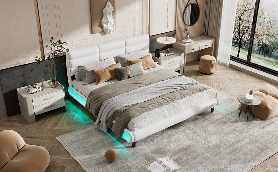 King Size Upholstered Platform Bed With Led Light Strips,White King White Upholstered