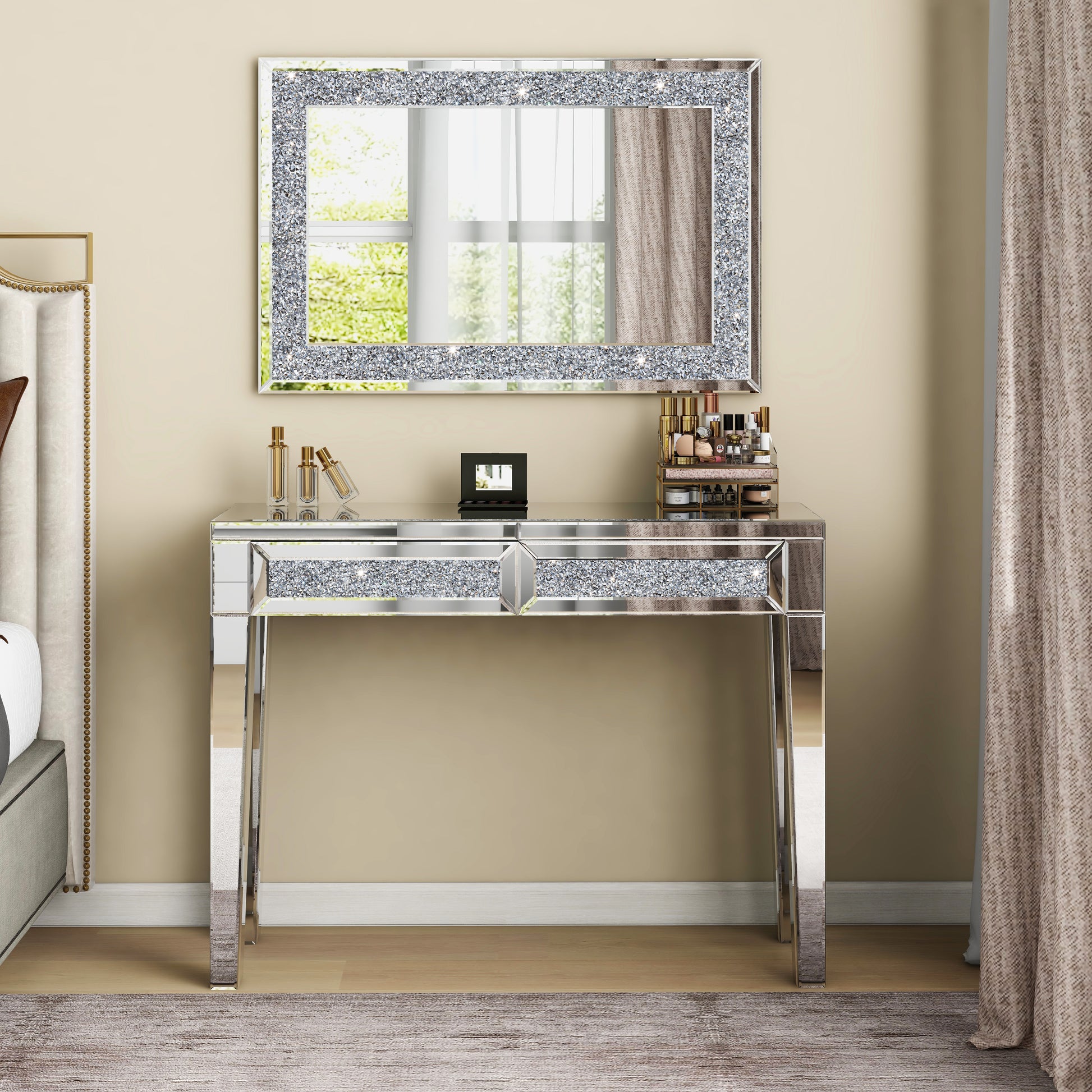 Mirrored Vanity Table Diamond Inlay 2 Drawer Silver Drawer 2 Drawers Bedroom Luxury,Modern Mirrored Finish Mirrored Mdf Glass,Mirror