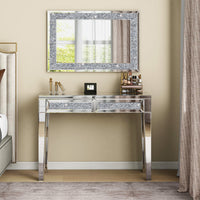 Mirrored Vanity Table Diamond Inlay 2 Drawer Silver Drawer 2 Drawers Bedroom Luxury,Modern Mirrored Finish Mirrored Mdf Glass,Mirror
