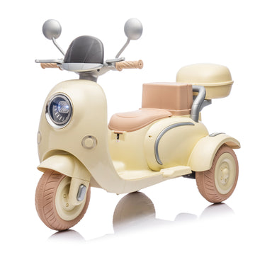 12V Two Seater Kids Ride On Electric Motorcycle,Three Wheels Kids Toy With Slow Start,Multi Function Player,Usb,Bluetooth, Light,Backseat Flip Adult Seat, Oversized Storage Box For Kids Aged 3 6. Beige Plastic