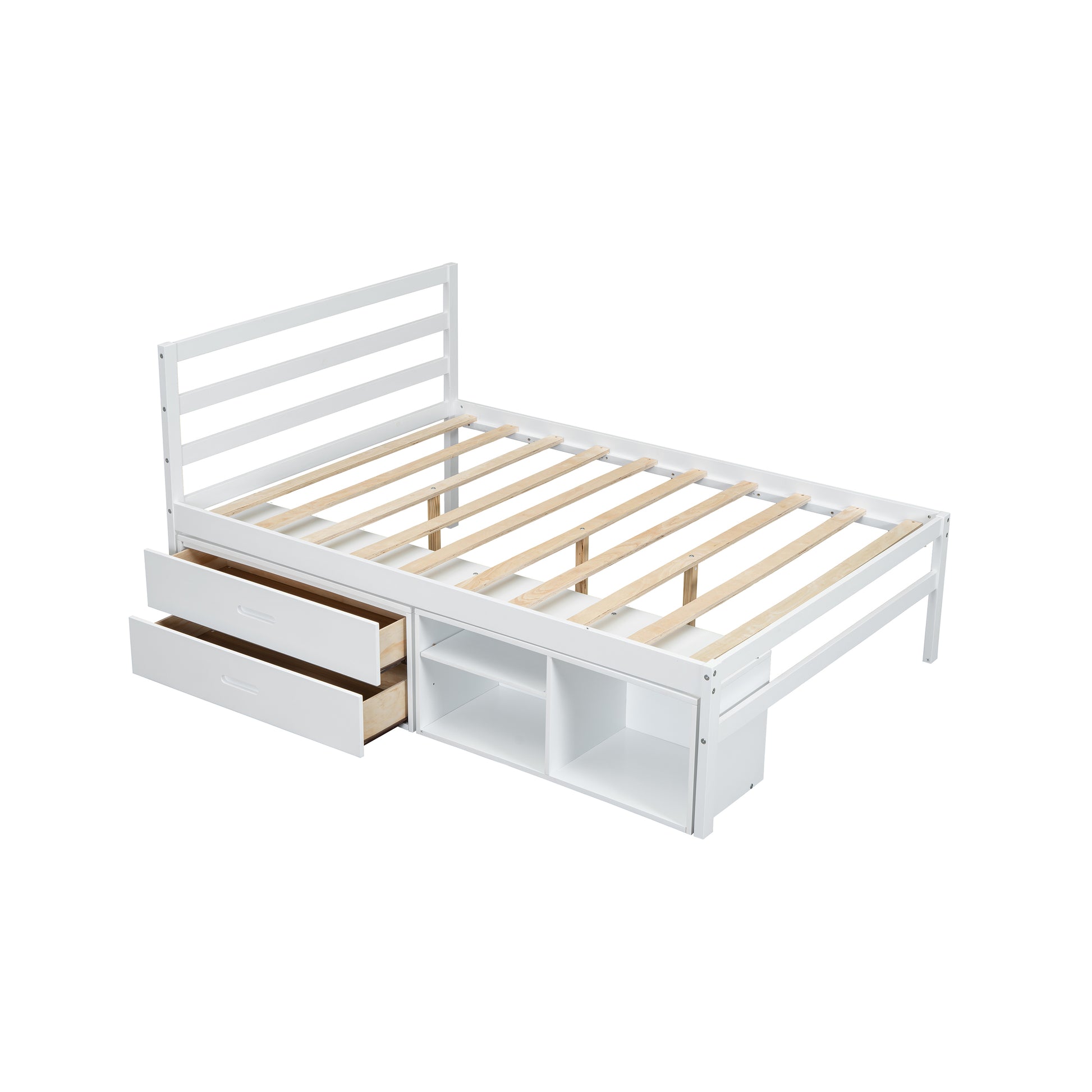 Full Size Wood Platform Bed With Removable Storage Shelves, Built In Two Storage Drawers For Added Convenience, White Full White Wood