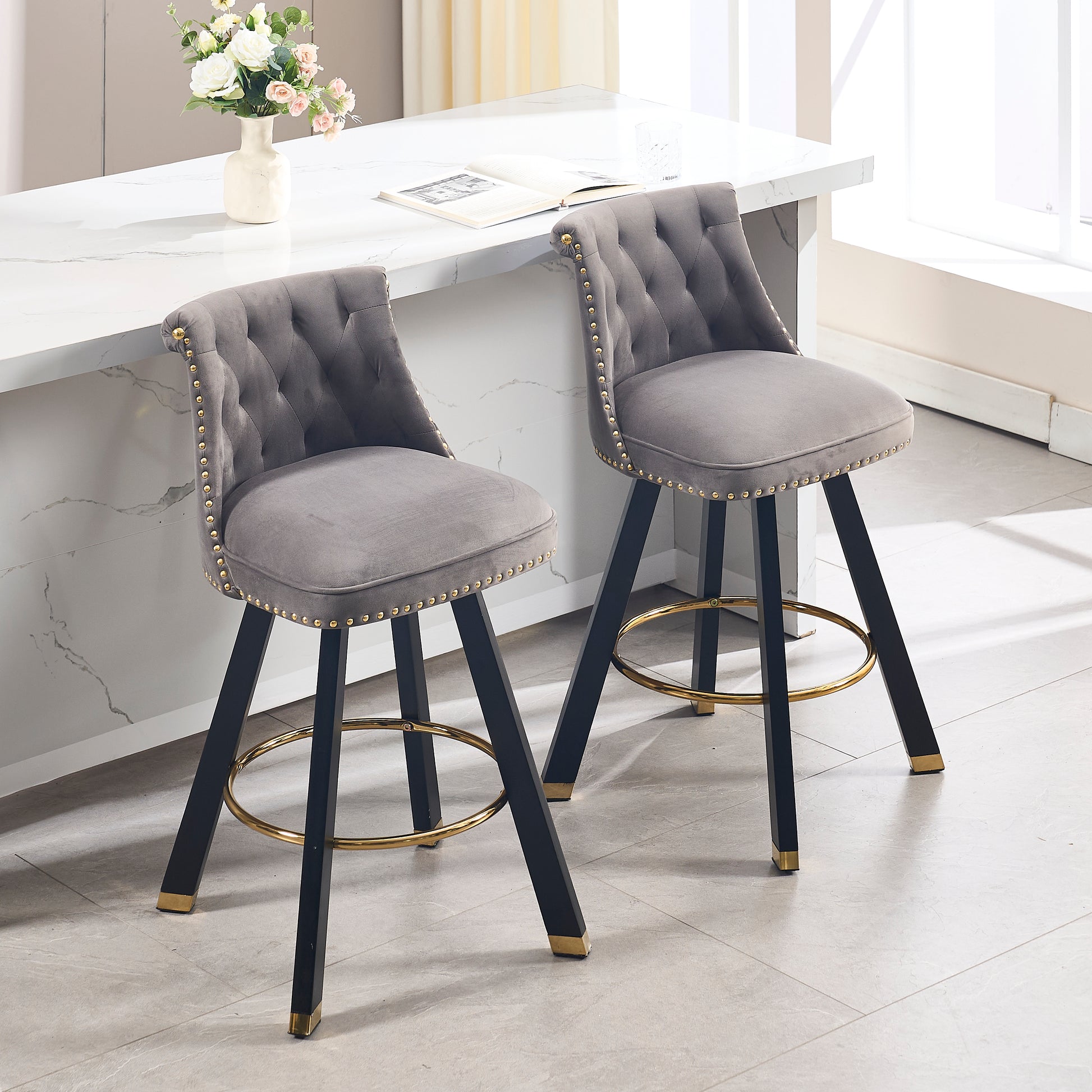 Coolmore Set Of 2,Back Pull Point Design, Velvet Material, 360 Degree Rotation, Back Pull Loop Detachable Design, Rivet Decoration, Square Foot Wooden Bar Chair Dark Gray Velvet