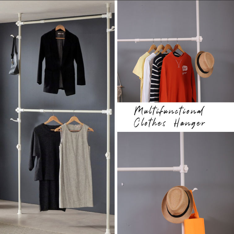 Telescopic Garment Rack, Heavy Duty Design Movable Diy By Hand No Damage To Wall Ceiling Hanging Rail, 31 47In Wide Adjustable, 120 Kilogram Loading, Reach Hook Included, White White Primary Living