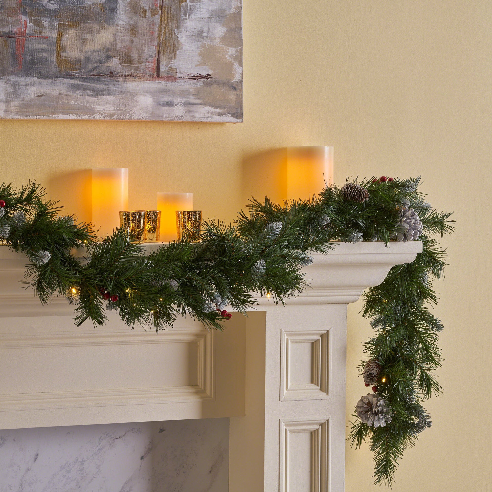 2 Packed 9'X10'' Mixed Frosted Garland With 20 Pine Cones And 10 Red Berry With 50 Warm White Led Lights With Timer Battery Operated Outdoor, 200 Tips Green Pvc