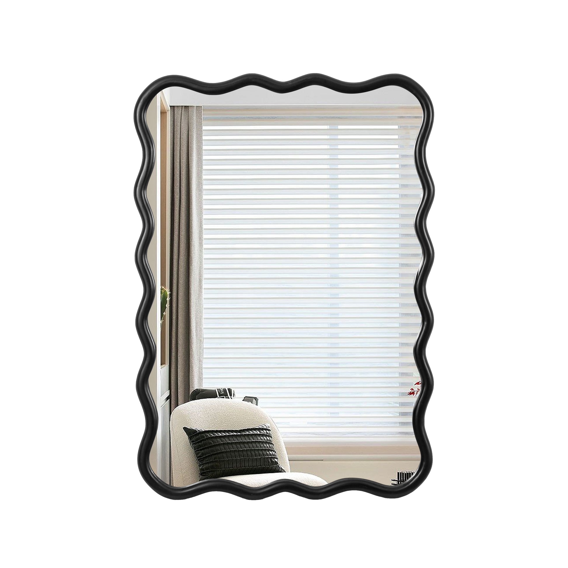 Solid Wood Wavy Rectangle Mirror Black 40" X 28" Modern Mirror Wall Decor For Bathroom, Bedroom, Living Room, Dining Room, Cloakroom, Entryway Rectangle Antique Black Living Room Large 33In 40In Glass Solid Wood