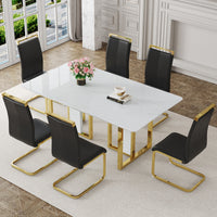 Table And Chair Set.67"X36" White Marble Pattern Mdf Dining Table Set With 6 Black Pu Chairs.Mdf Sticker,White Marble Pattern Sticker,Gold C Tube Chair Legs,Suitable For Kitchen,Dining Room,Etc.