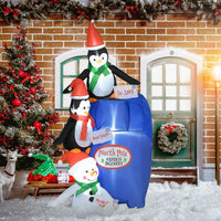 Homcom 6Ft Christmas Inflatables Outdoor Decorations North Pole Mailbox With Penguins And Snowman, Blow Up Yard Christmas Decor With Led Lights Display Multicolor Polyester