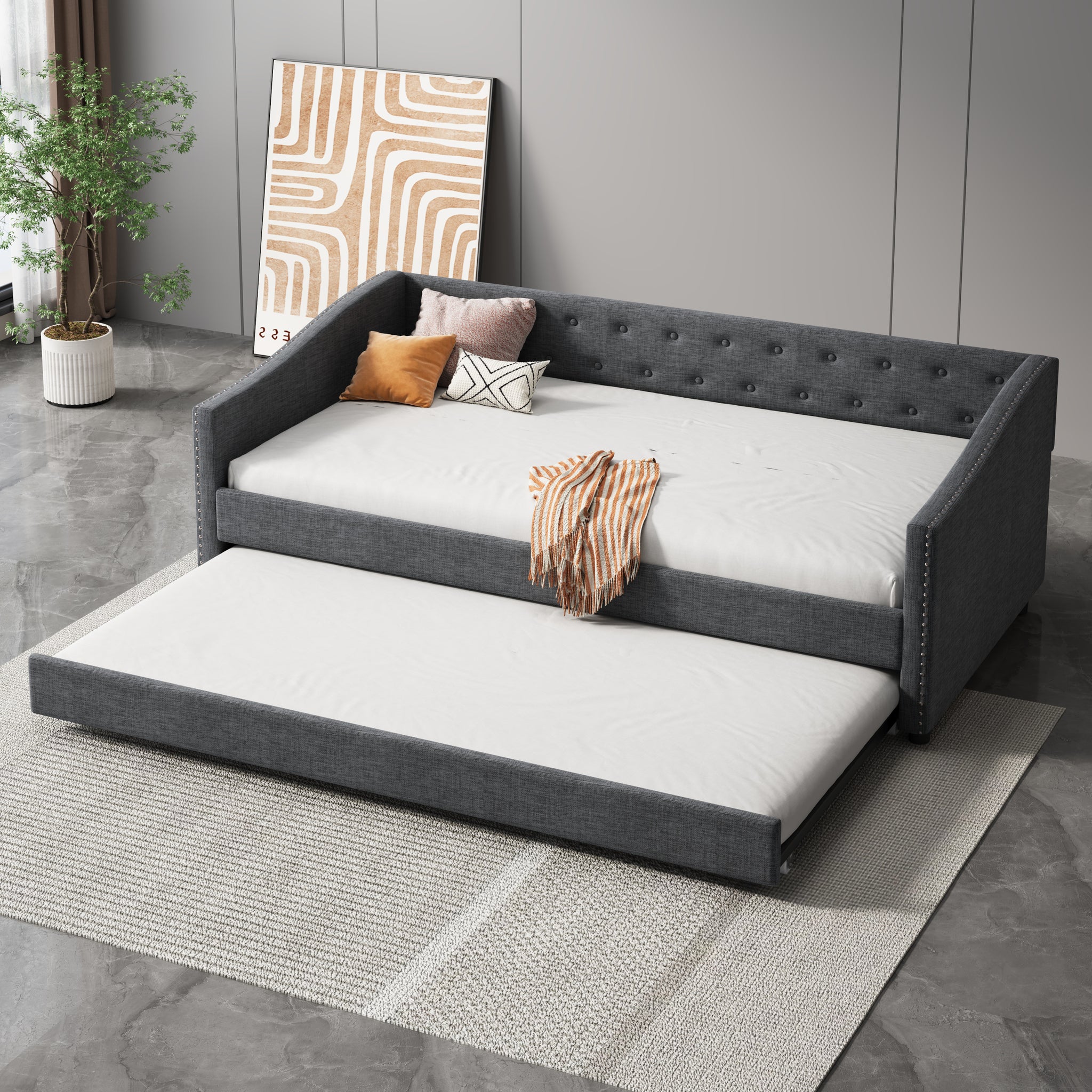 Twin Size Daybed With Twin Size Trundle Upholstered Tufted Sofa Bed, With Button On Back And Copper Nail On Waved Shape Arms Dark Grey Twin Dark Grey Wood Fabric