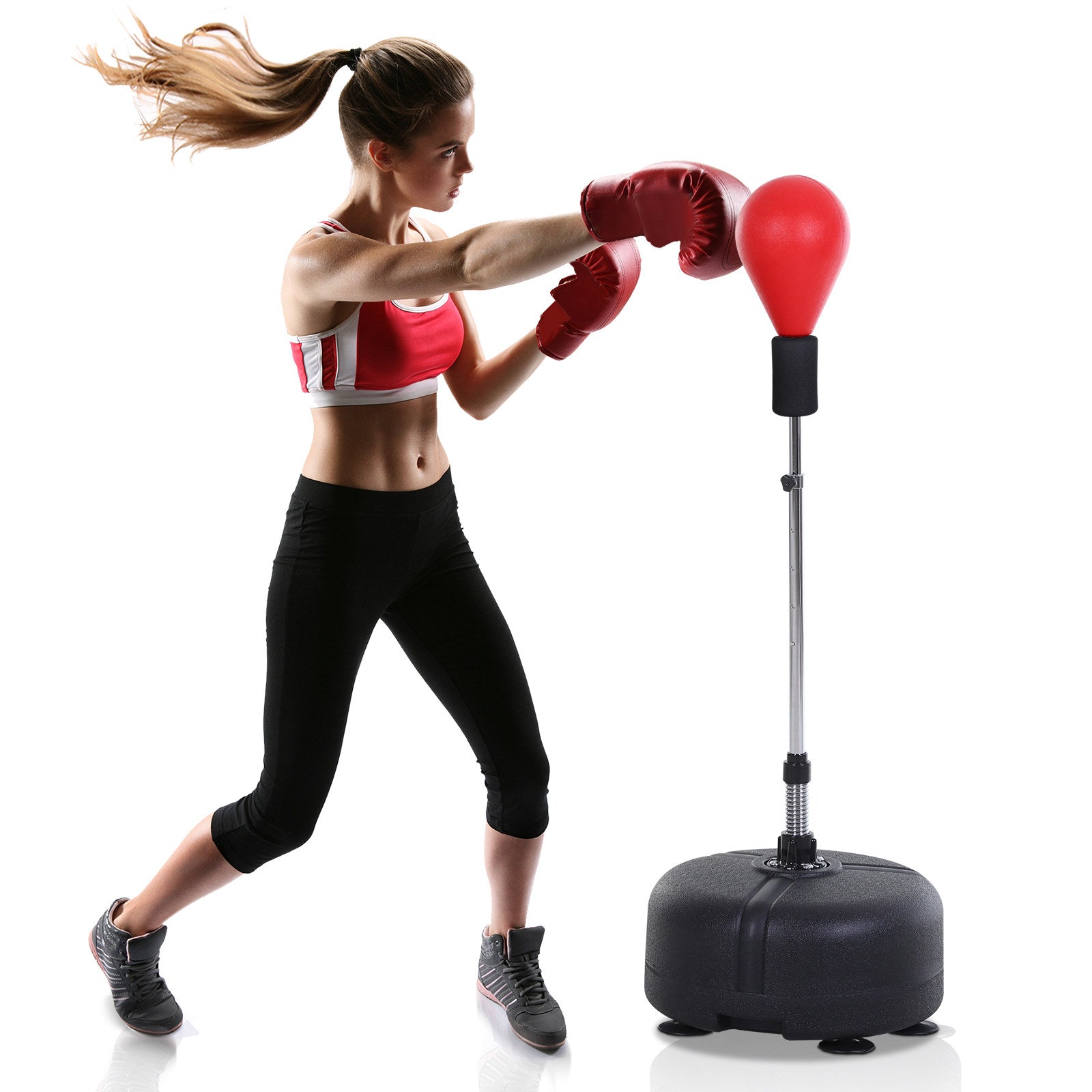 Soozier Free Standing Punching Bag With Stand And Boxing Gs, Height Adjustable Boxing Bag Set, For Training, Exercise, Fitness & Stress Relief Red Red Steel