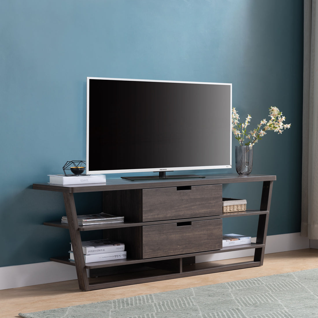 Tv Stand In Brown Walnut With Floating Shelves, Drawers, And Cutout Handles Modern And Functional Design For Entertainment Space Walnut Brown 60 69 Inches Mdf