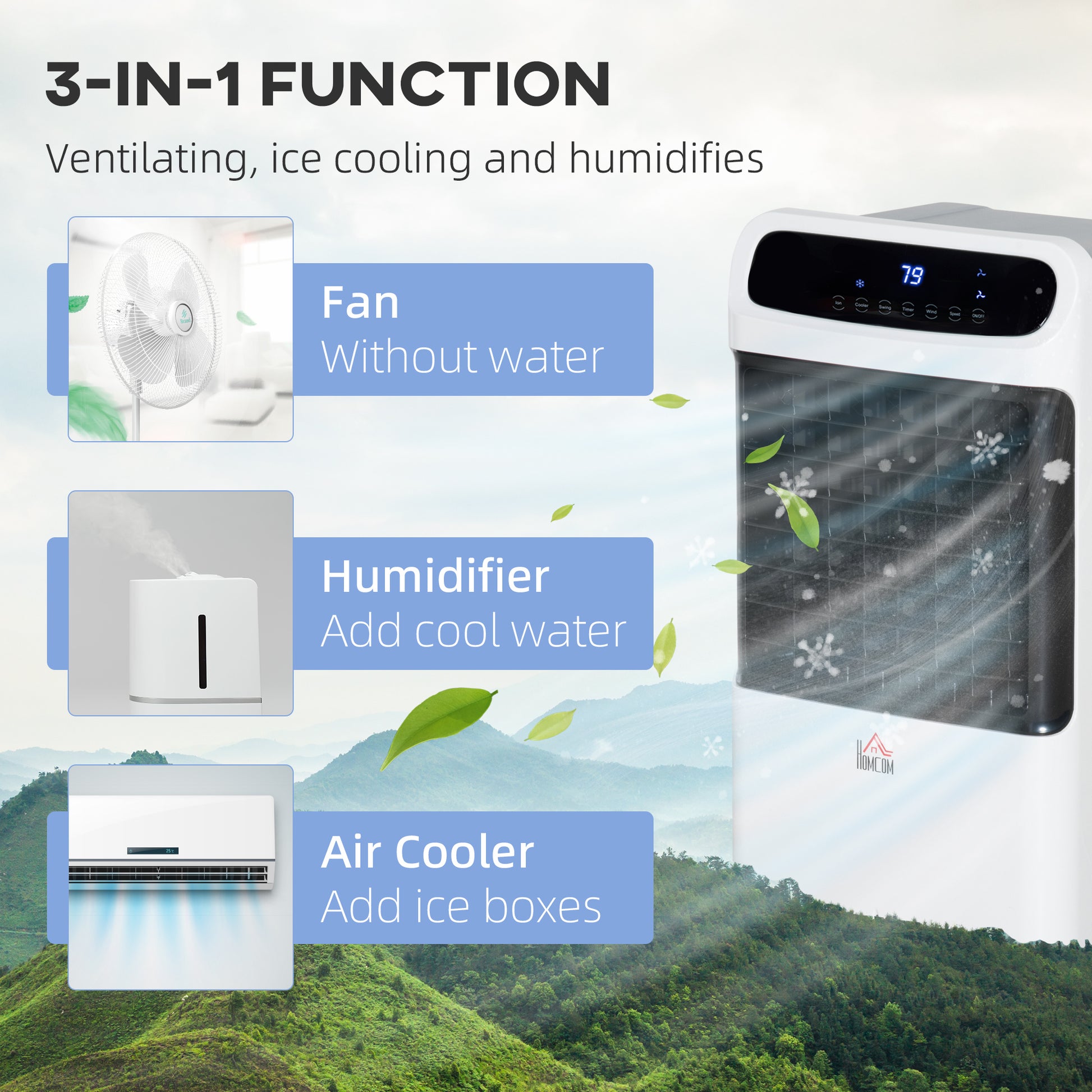 Homcom 32" Mobile Evaporative Air Cooler, 3 In 1 Ice Cooling Fan Water Conditioner Humidifier Unit With Remote, Timer, Oscillating, Led Display, 3.2Gal Water Tank For Home Office, Bedroom, White White Abs