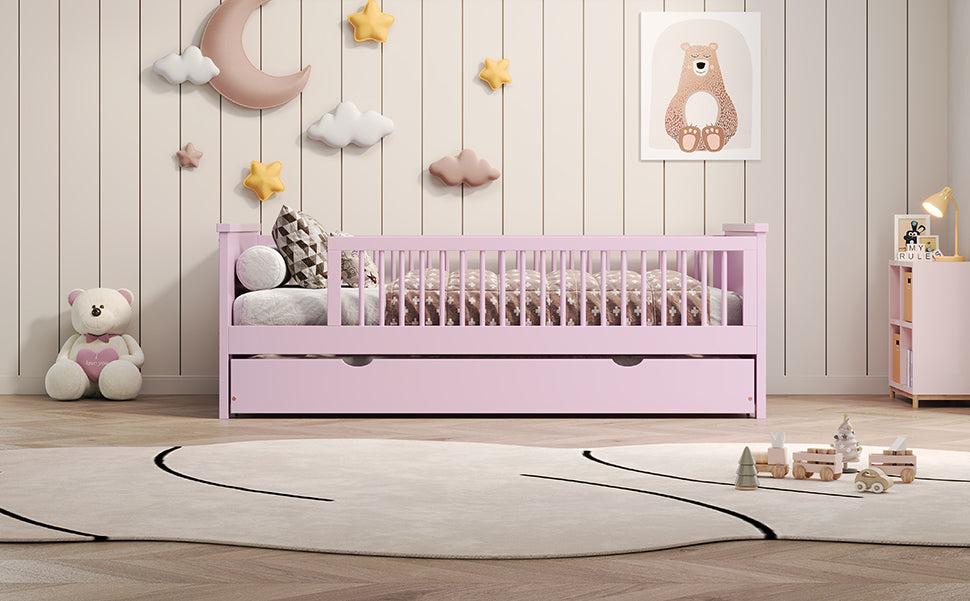 Wood Twin Size Platform Bed With Guardrail And Trundle, Pink Box Spring Not Required Twin Pink Wood Bed Frame Solid Wood Mdf