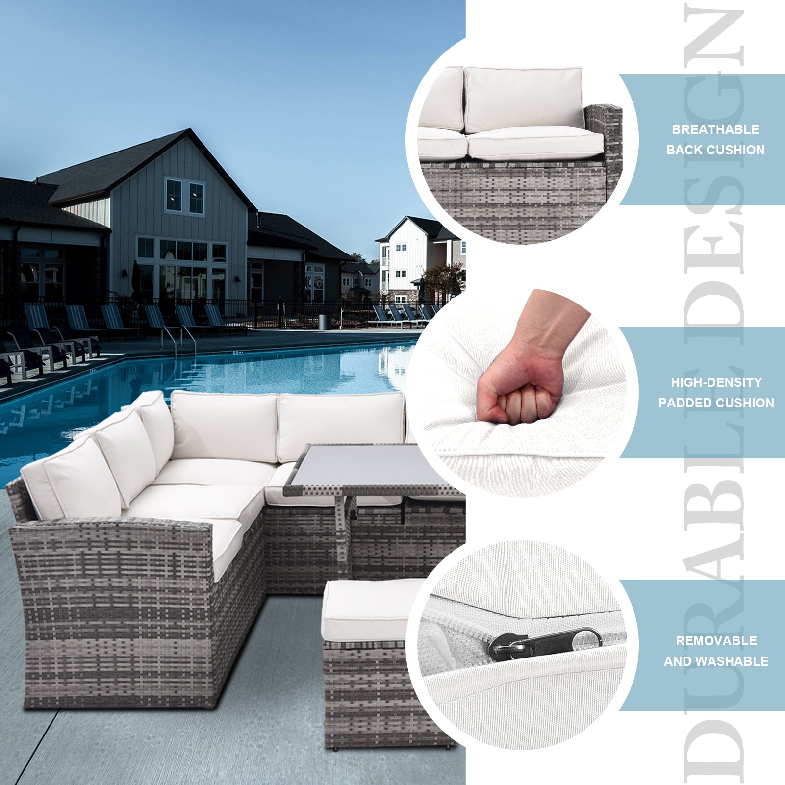 Outdoor Patio Furniture Set,7 Pieces Outdoor Sectional Conversation Sofa With Dining Table,Chairs And Ottomans,All Weather Pe Rattan And Steel Frame,With Backrest And Removable Cushions Grey Beige Yes Dining Set Gray Beige Weather Resistant Frame Garden