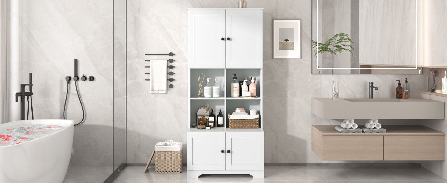 Tall And Wide Bathroom Floor Storage Cabinet, Bathroom Storage Unit, Freestanding Cabinet With 4 Doors, Adjustable Shelves, Open Multi Layer Shelves, White White Mdf