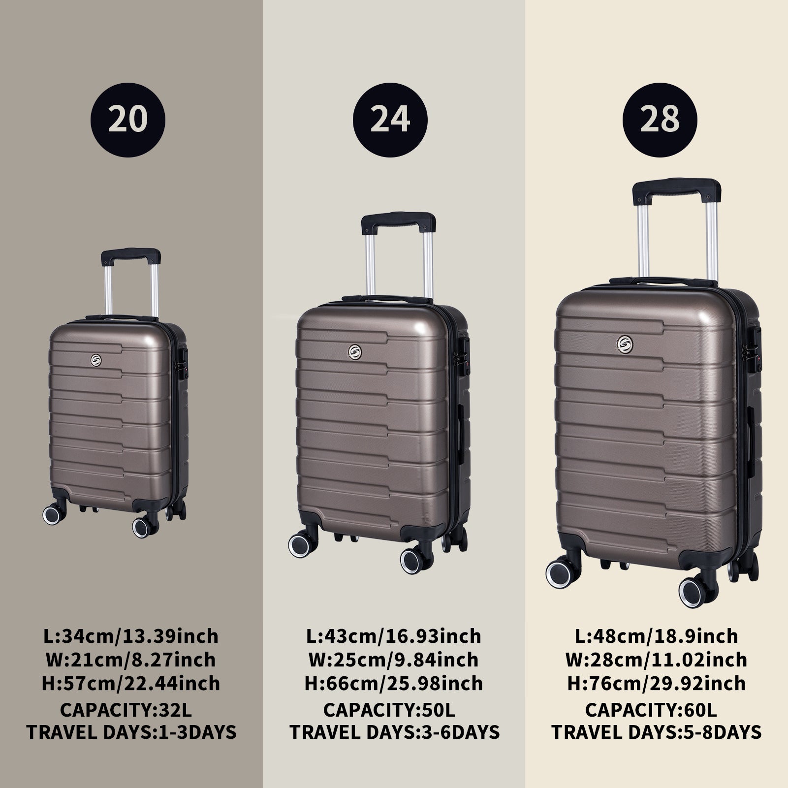 Luggage Suitcase 3 Piece Sets Hardside Carry On Luggage With Spinner Wheels 20" 24" 28" Brown Abs