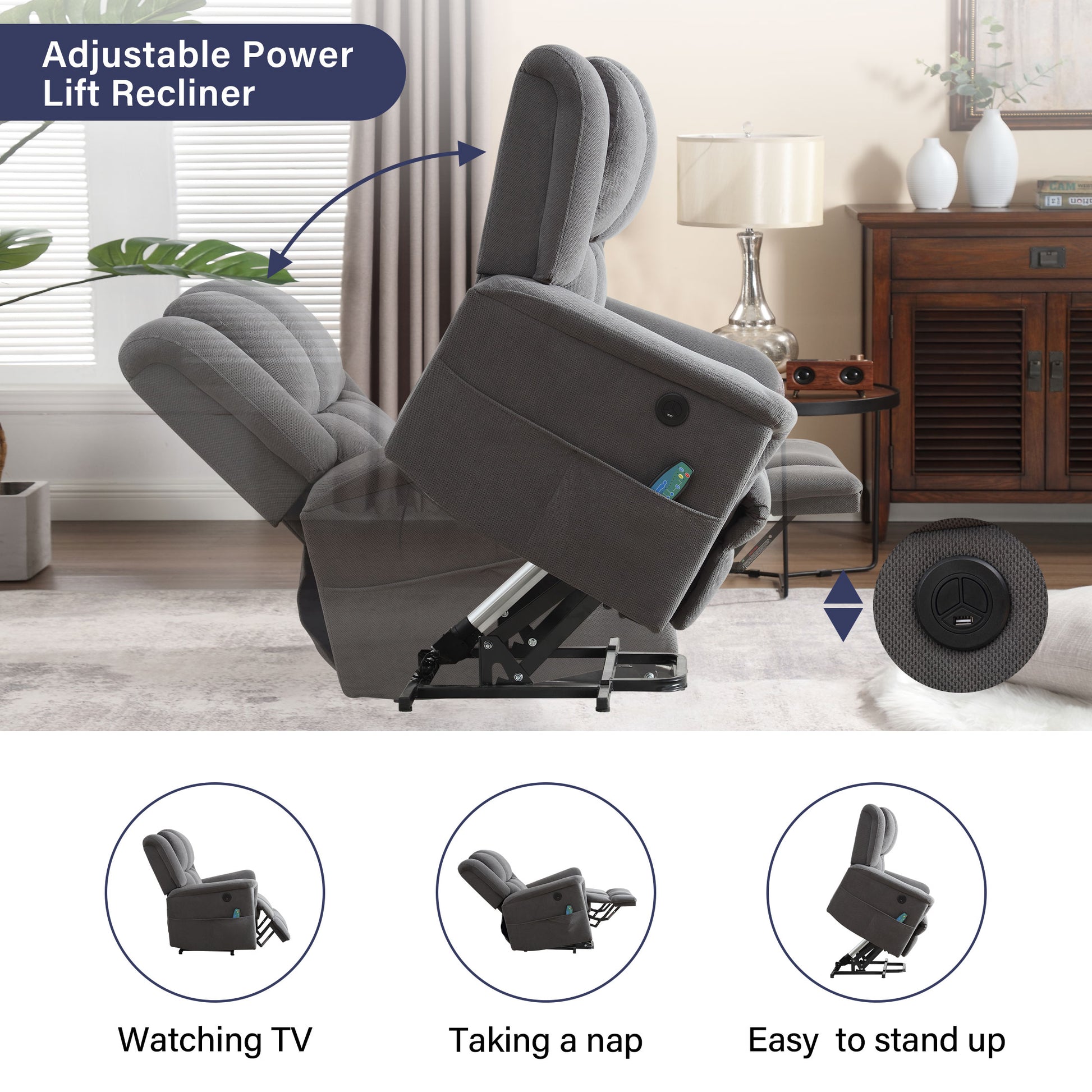 Power Lift Recliner Chair Recliners For Elderly With Heat And Massage Recliner Chair For Living Room With Infinite Position And Side Pocket,Usb Charge Port. Grey Power Remote Wood Soft Fabric