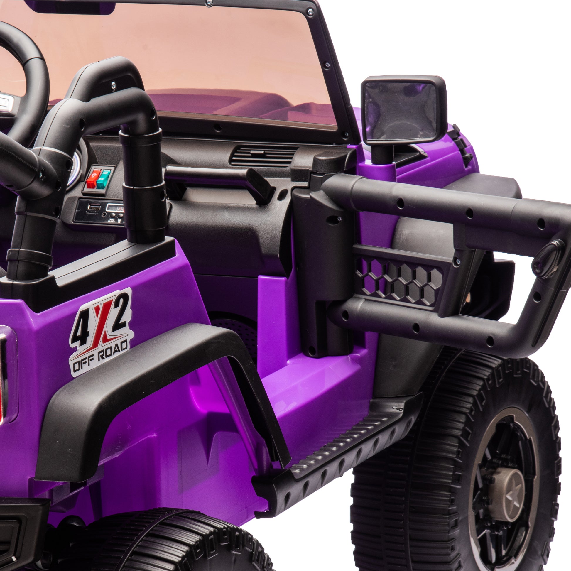 24V Two Seater Kids Ride On Truck Car W Parents Control,200W*2,Seat Width 20.28In,Four Wheel Suspension,Led Lights,Music,Mp3,Bluetooth,Two Independent Seat Belts,Suitable For Off Road For Kids Aged 3 Purple 100 149 Lbs Polypropylene