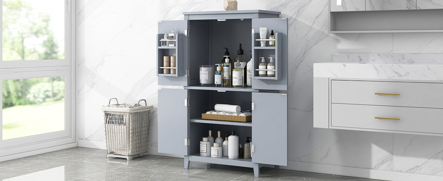 Elegant Bathroom Floor Storage Cabinet, Bathroom Storage Unit, Freestanding Cabinet With 4 Doors, Adjustable Shelves, Adaptable Shelves, Grey Grey Mdf