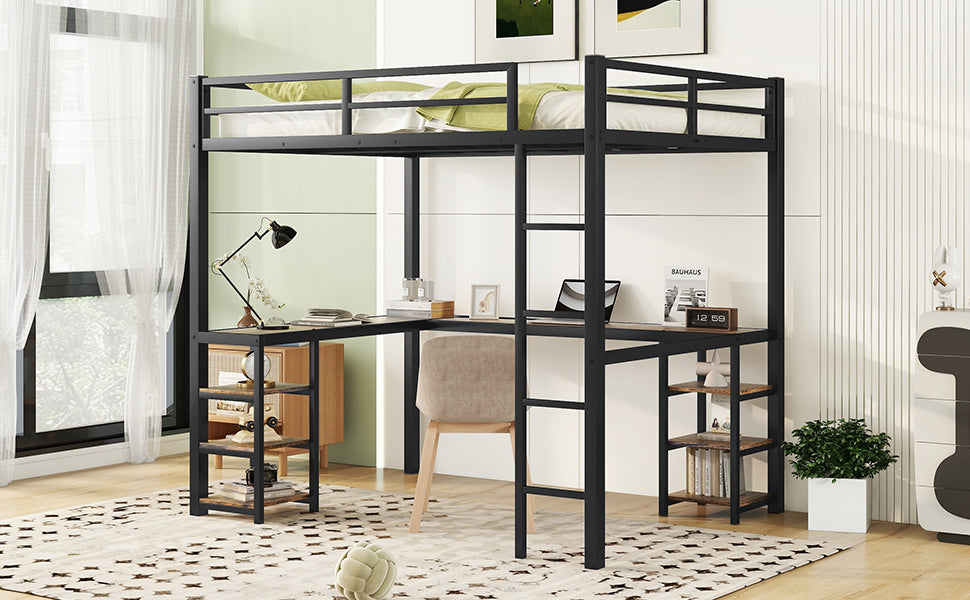 Full Metal Loft Bed With Desk And Shelves, Loft Bed With Ladder And Guardrails, Loft Bed Frame For Bedroom, Black With Vintage Wood Colored Desk Black Metal