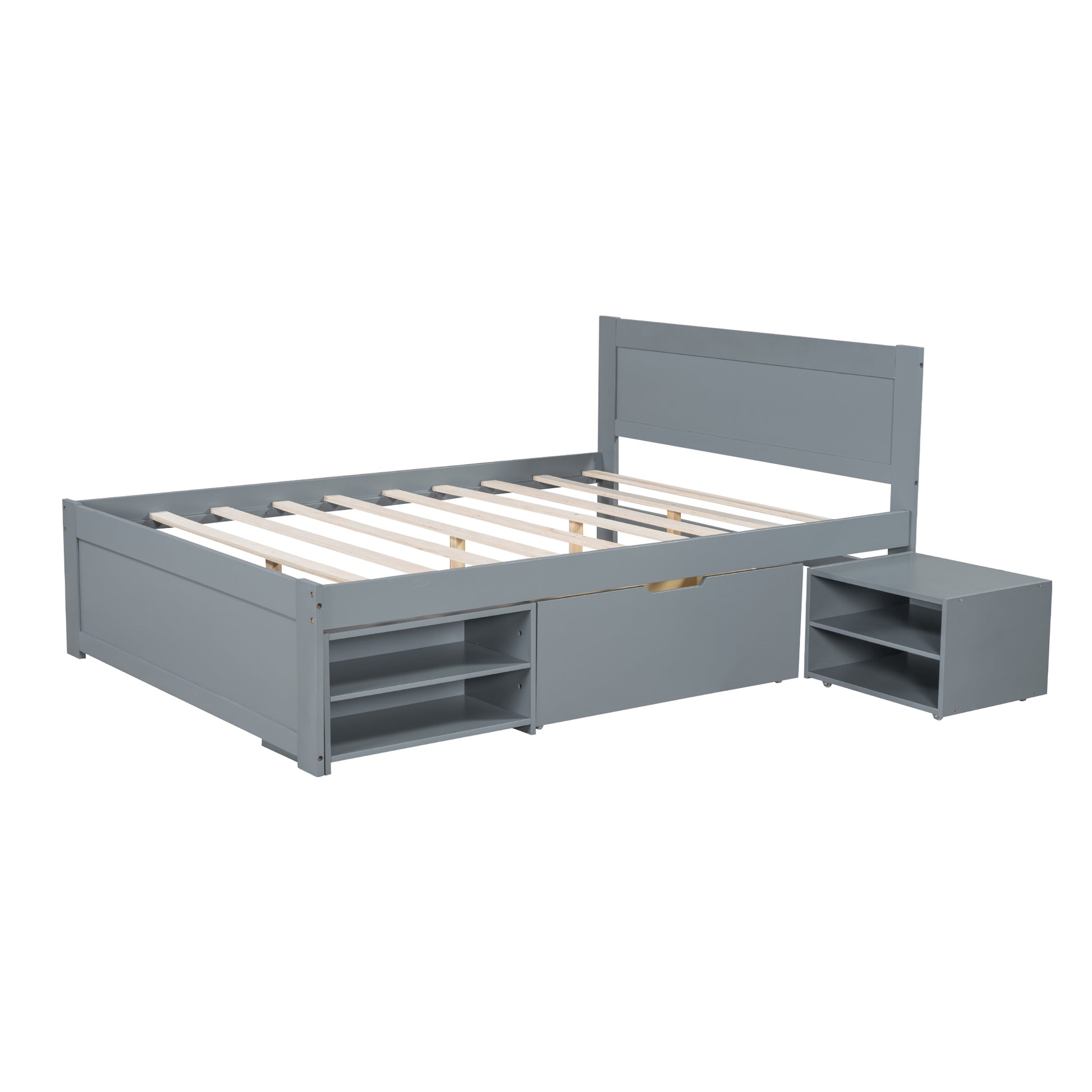 Full Size Platform Bed With Drawer And Two Shelves, Gray Expected Arrival Time: 10.28 Full Gray Mdf Lvl