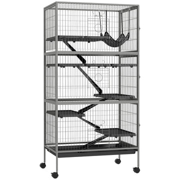 Pawhut 63" 6 Tier Small Animal Cage, Ferret Cage, Large Chinchilla Cage With Hammock Accessory & Heavy Duty Steel Wire, Small Animal Habitat With 6 Doors, Removable Tray, Gray Gray Iron Plastic