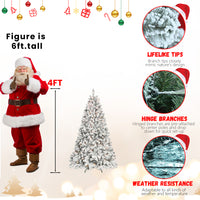 6Ft Snow Flocked Artificial Christmas Tree With Pine Cones, Prelit Xmas Trees, Hinged Easy Assembly & Reinforced Metal Base Ideal For Indoor & Outdoor Festive Decorations White Polyethylene