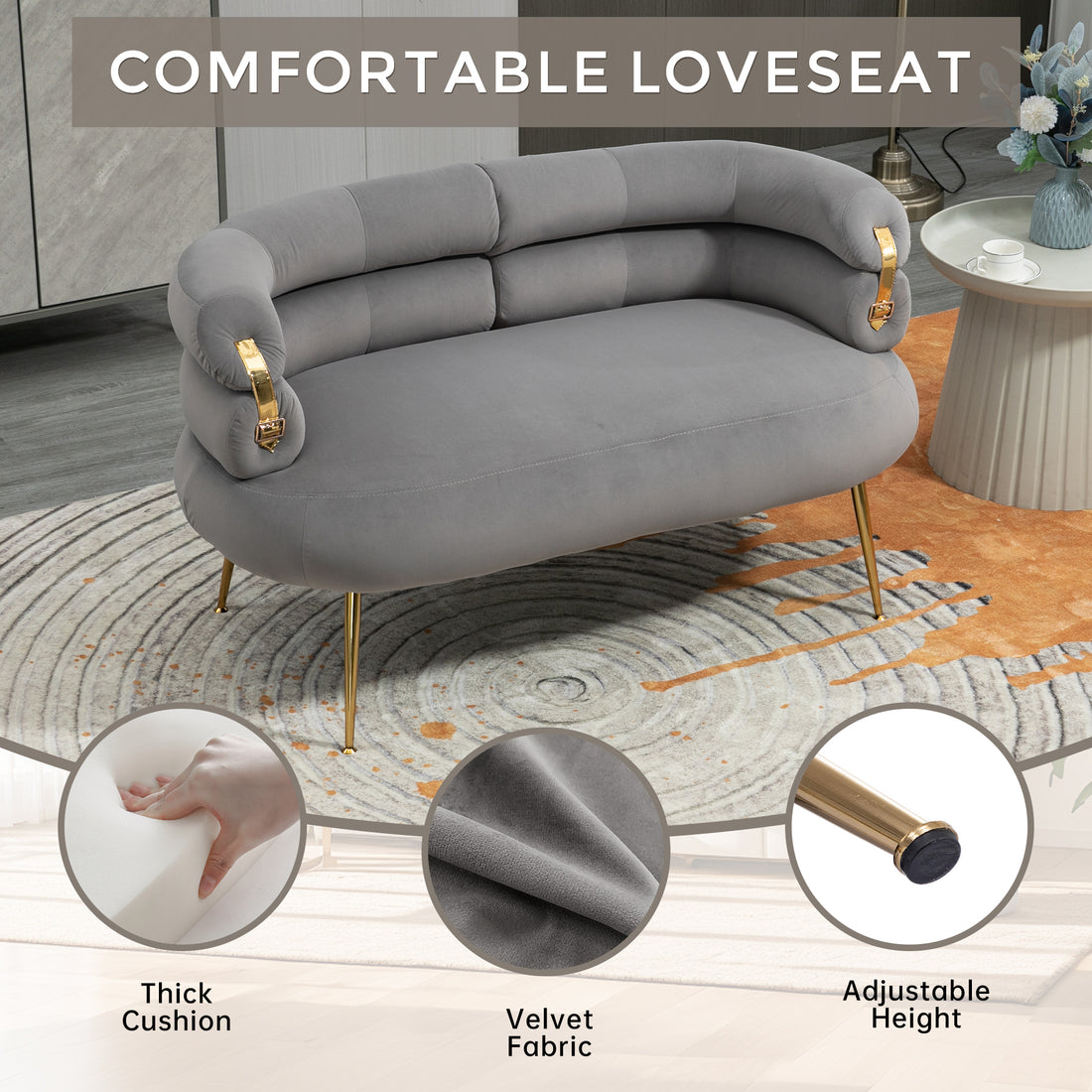 Coolmore Small Loveseat Sofa, Upholstered Mini Couch With Curved Backrest With Stylish Golden Decor, Small Comfy Beautiful Seat Leisure Accent Couch For Living Room, Bedroom, Office Gray Gray Foam Velvet