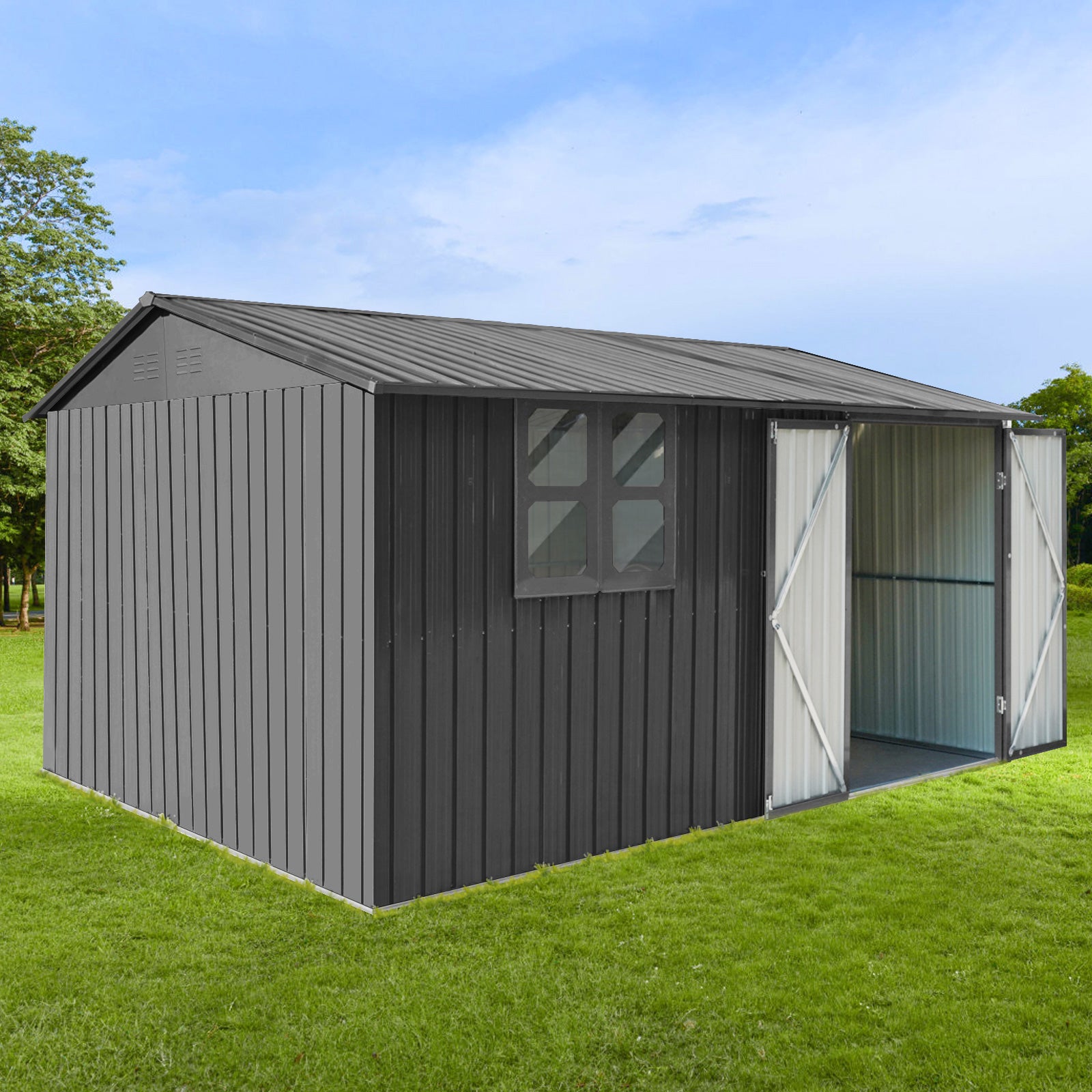 Metal Garden Sheds 10Ftx12Ft Outdoor Grey With Window Grey Metal