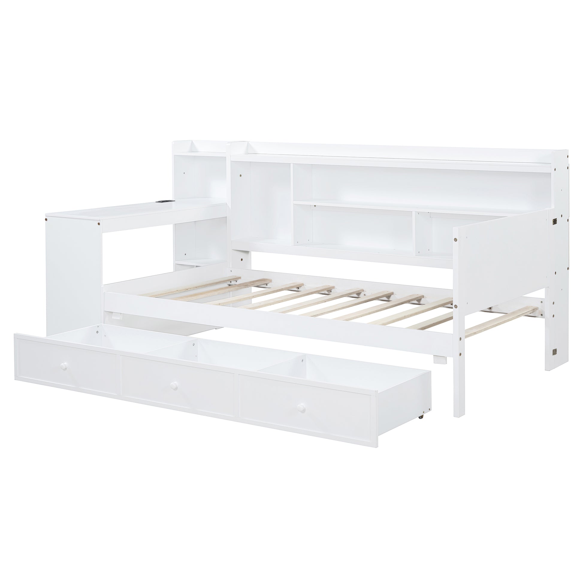 Twin Size Wooden Daybed With 3 Drawers, Usb Ports And Deskwhite Twin White Wood