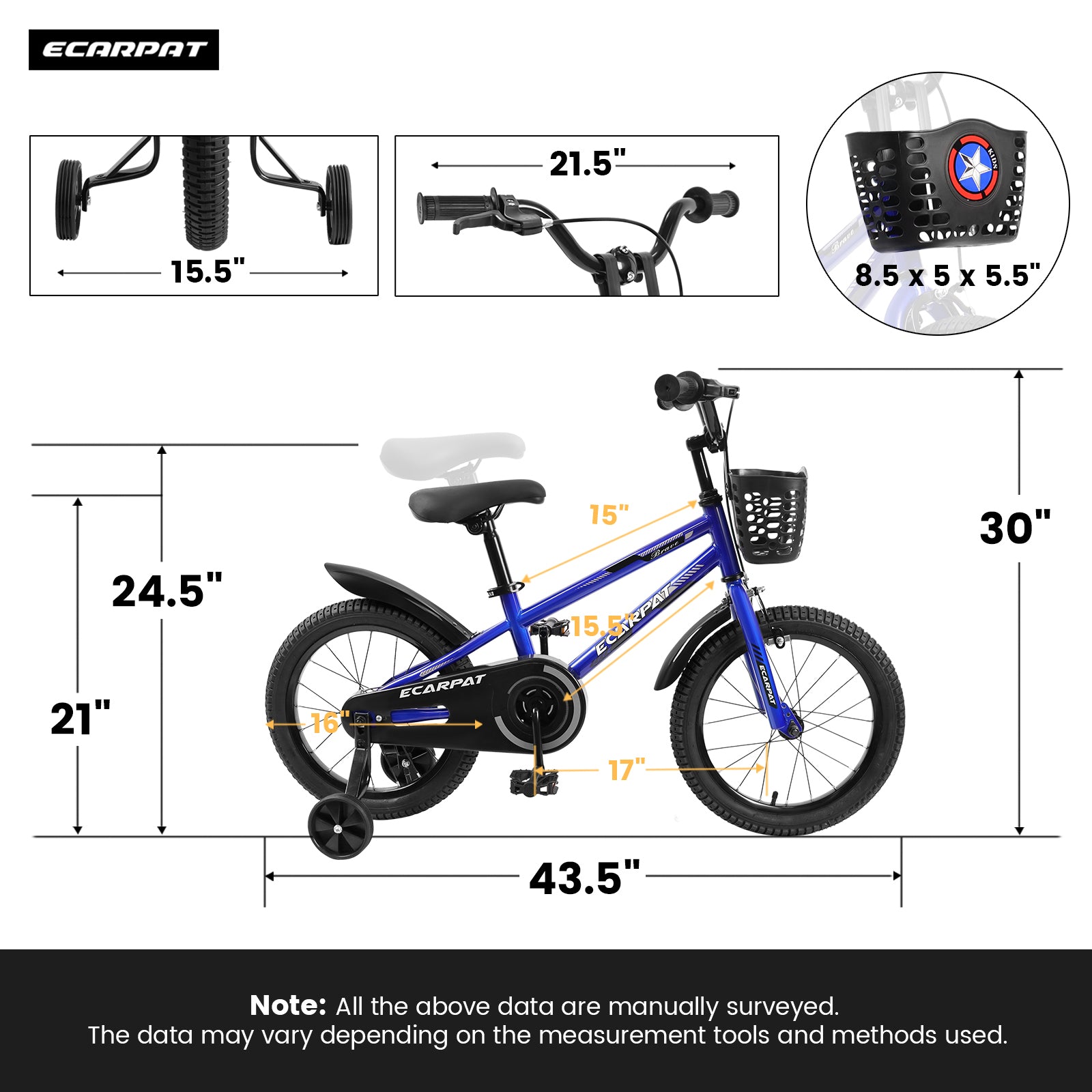 C16111A Kids Bike 16 Inch For Boys & Girls With Training Wheels, Freestyle Kids' Bicycle With Bell,Basket And Fender. Blue Steel