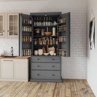 Assembly 77Inch Farmhouse Kitchen Pantry, Freestanding Tall Cupboard Storage Cabinet With 3 Adjustable Shelves, 8 Door Shelves, 3 Drawers For Kitchen, Dining Room, Gray Gray Kitchen Farmhouse