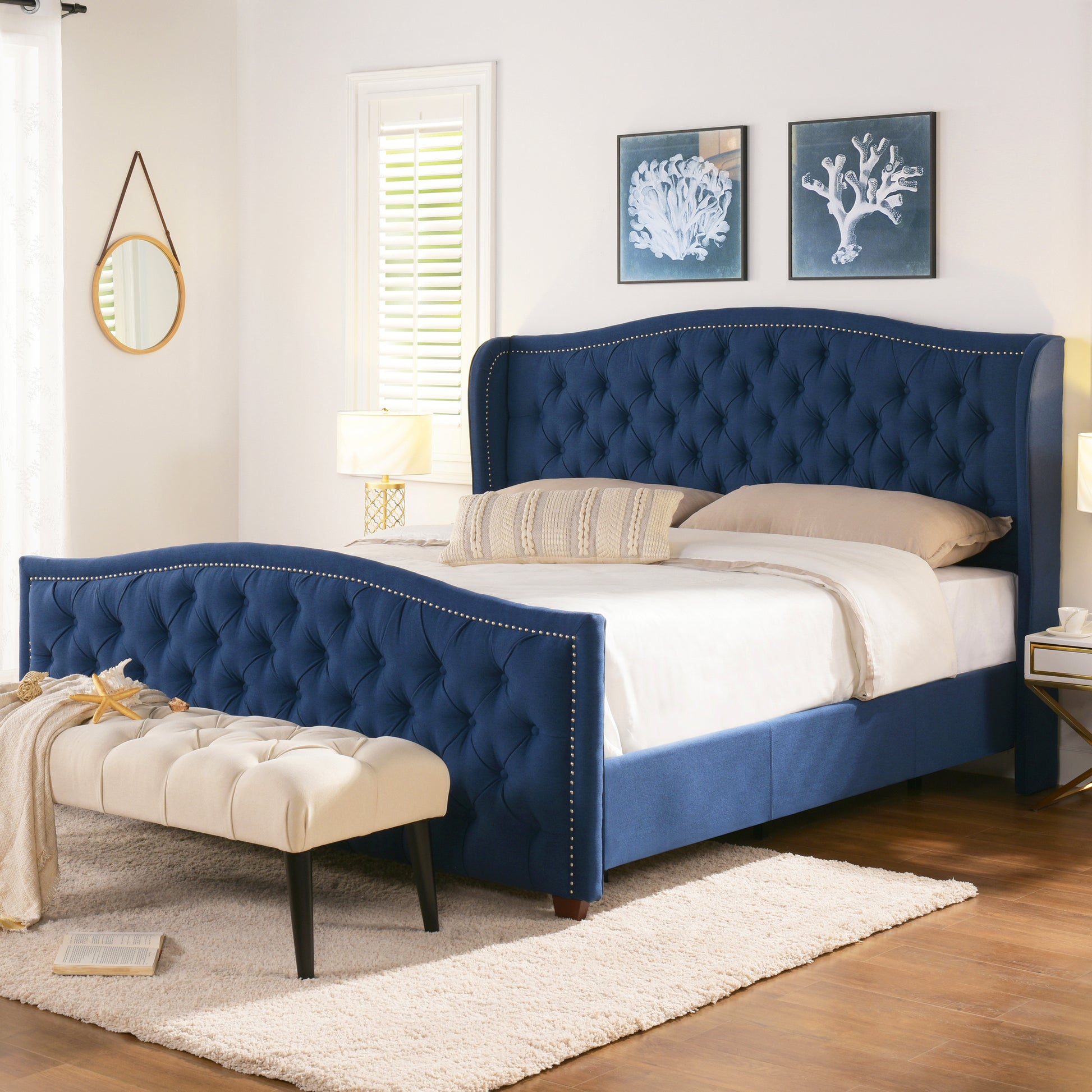 Marcella Upholstered Shelter Headboard Bed Set, King, Dark Sapphire Blue Woven Box Spring Required King Blue Wood Foam Polyester Fabric