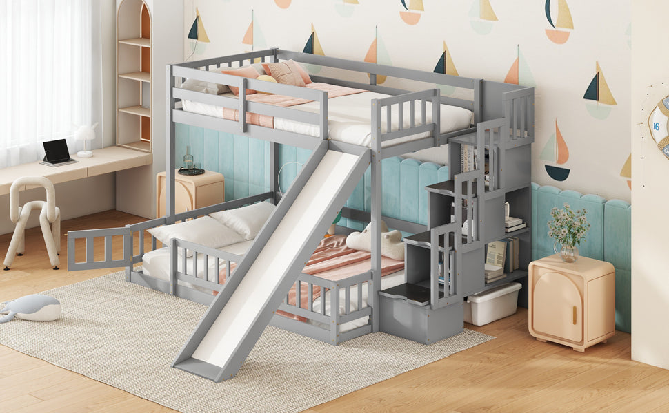 Twin Over Full Bunk Bed With Slide, Storage Staircase, Pine Solid Wooden Bunk Bed With Safety Guardrails ,Grey Grey Pine