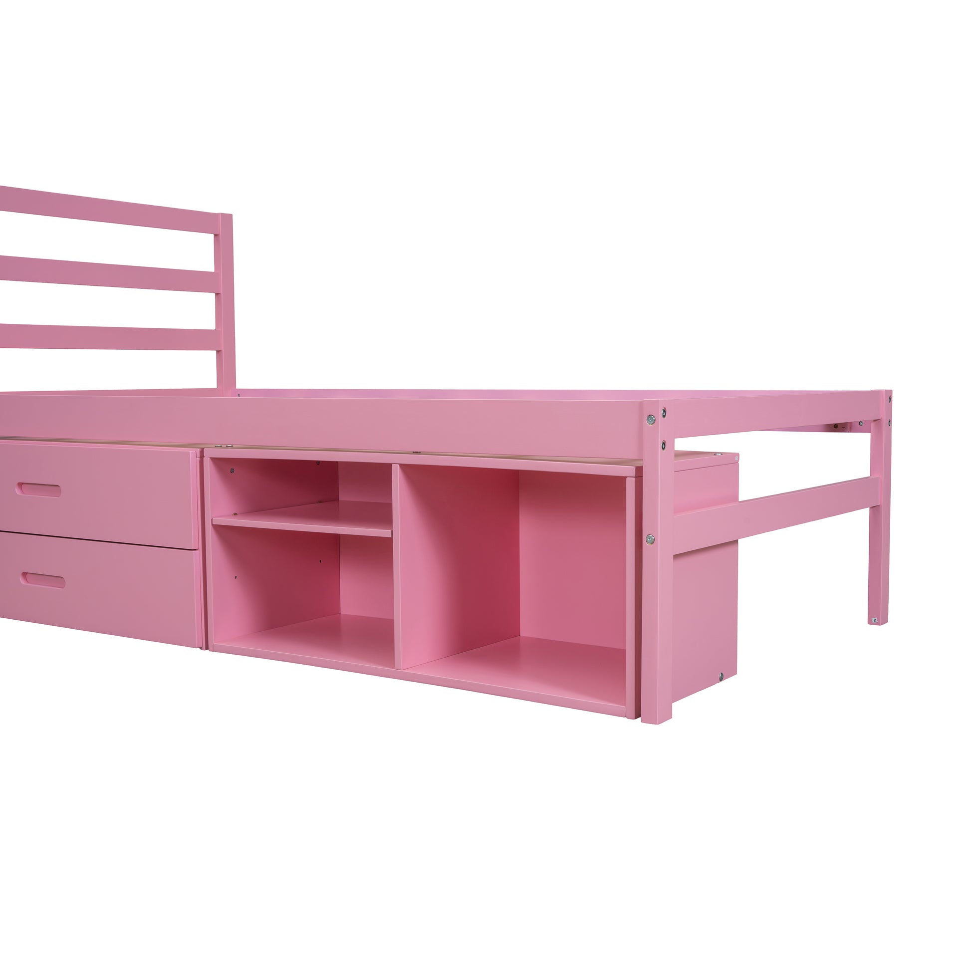 Twin Size Wood Platform Bed With Removable Storage Shelves, Built In Two Storage Drawers For Added Convenience, Pink Twin Pink Wood