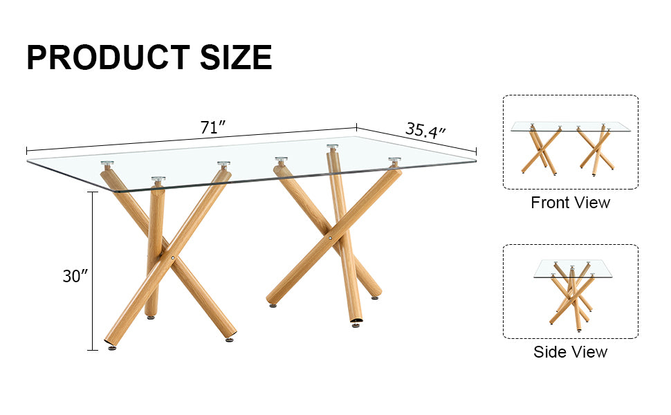 Large Modern Minimalist Rectangular Glass Dining Table For 6 8 With 0.39" Tempered Glass Tabletop And Wood Color Metal Legs, For Kitchen Dining Living Meeting Room Banquet Hall Transparent Glass