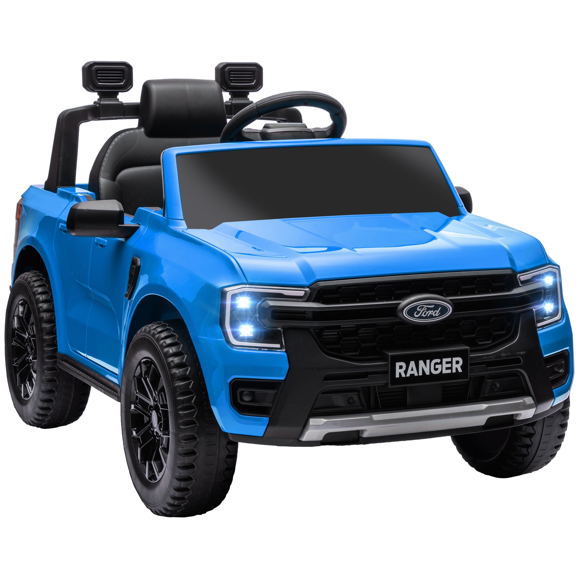 Qaba Ford Ranger Licensed 12V Kids Ride On Truck, Toddler Electric Car With Remote Control, Toy Storage, Spring Suspension, Led Headlights, Music Horn, For Ages 3 6 Years, Blue Blue Plastic