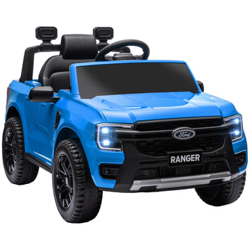 Qaba Ford Ranger Licensed 12V Kids Ride On Truck, Toddler Electric Car With Remote Control, Toy Storage, Spring Suspension, Led Headlights, Music Horn, For Ages 3 6 Years, Blue Blue Plastic