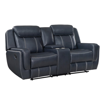 Modern Blue Dual Reclining Loveseat With Center Console,Faux Leather Upholstery, Usb Ports Living Room Furniture 1Pc Blue Faux Leather Wood Primary Living Space Modern Plywood,Solid Wood