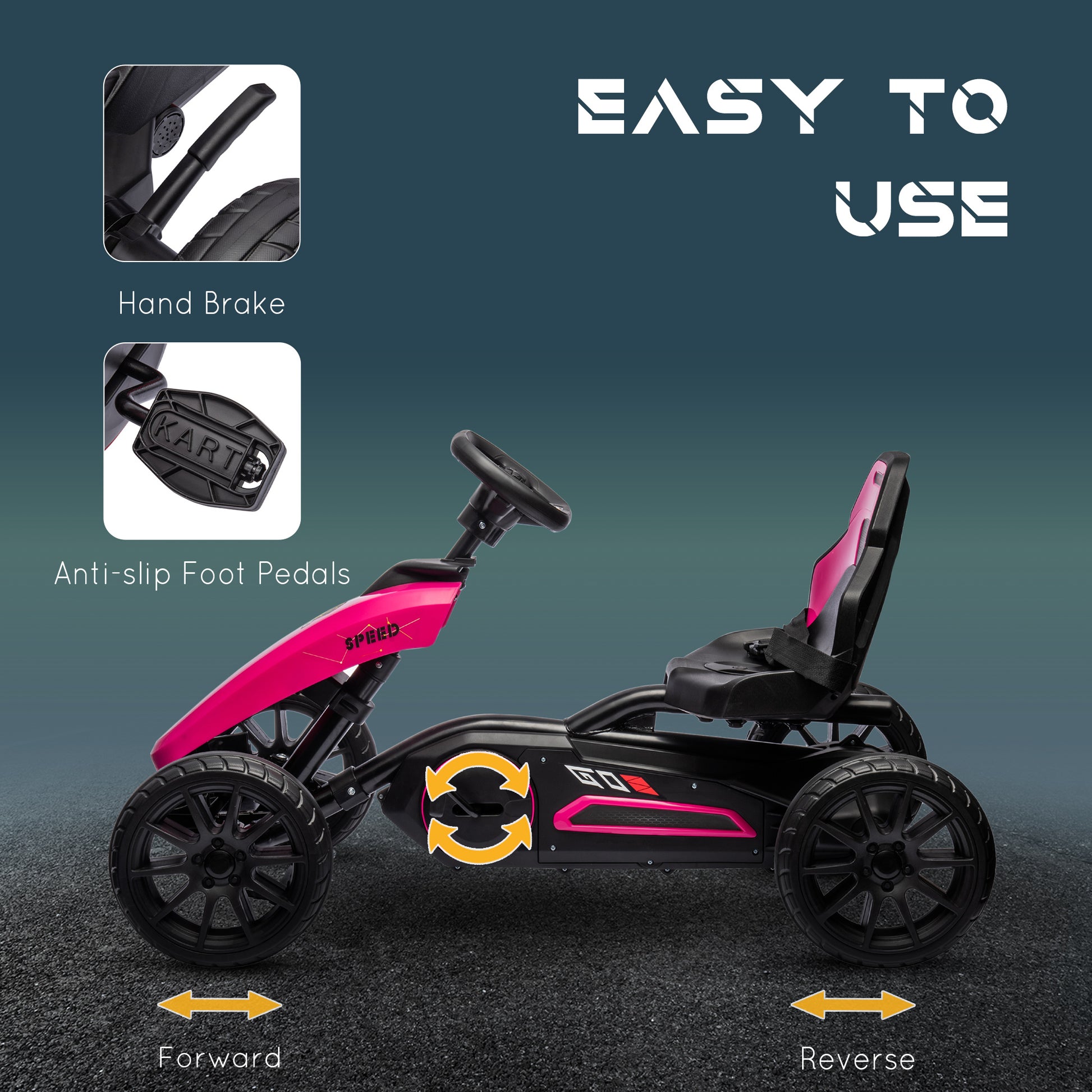 Aosom Kids Pedal Go Kart, Outdoor Ride On Toys With Swing Axle, Adjustable Seat, Handbrake, 4 Shock Absorbing Wheels, Gift For Boys And Girls Aged 3 8 Years Old, Pink Pink Plastic