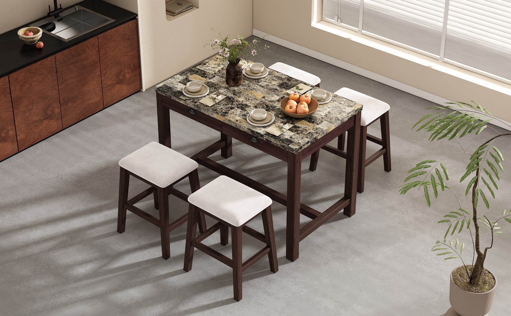 3 Piece Modern Faux Marble Versatile Bar Table Set With Storage Drawers And Padded Stools, Ideal For Space Saving Dining Nooks Or Small Kitchens Walnut Walnut Solid Wood Mdf