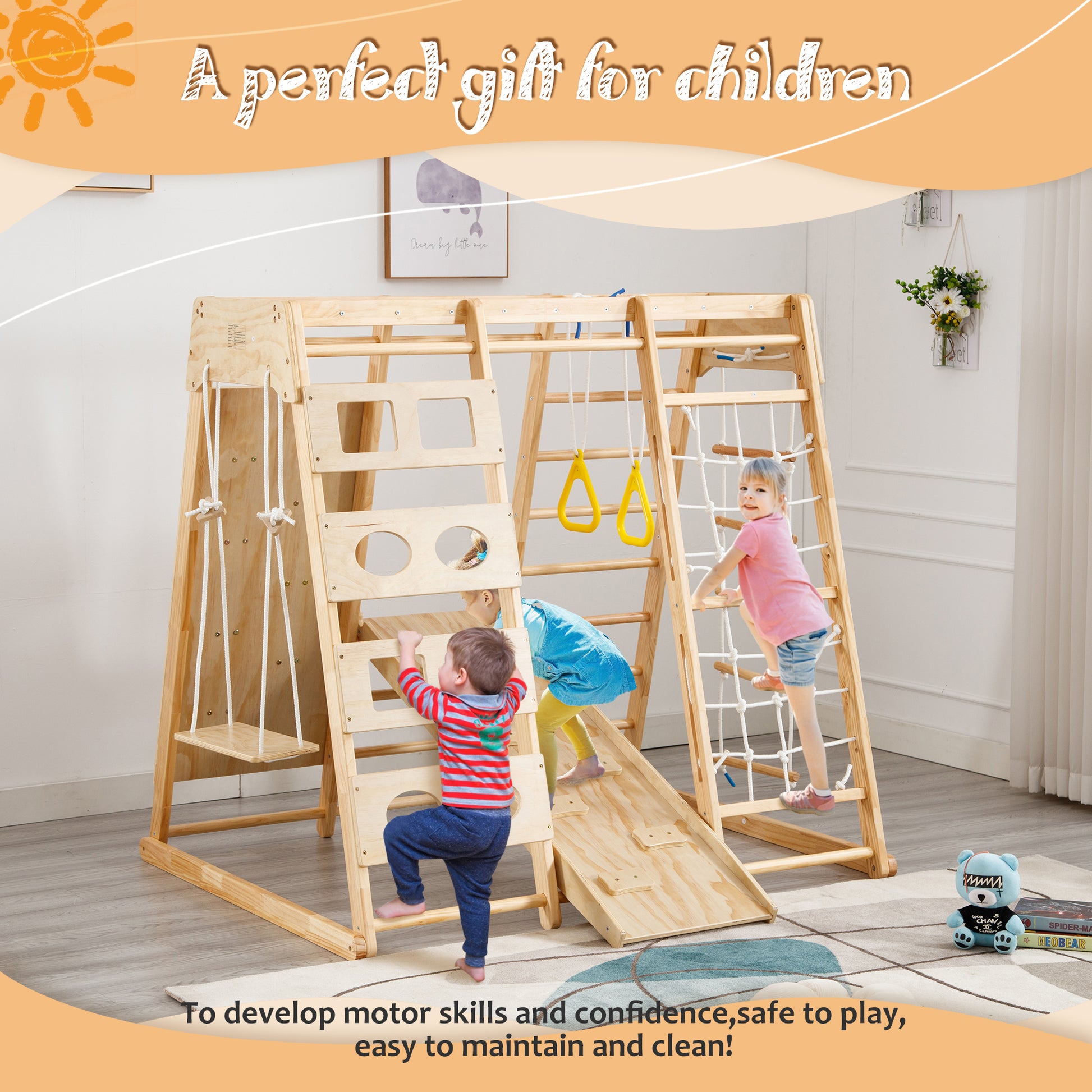 Toddler Indoor Wooden Gym 8 In 1 Indoor Playground Climbing Toy Set With Slide Swing Climbing Net Rings, Kids Indoor Playground Climbing Toys Natural Wood Wood Plastic