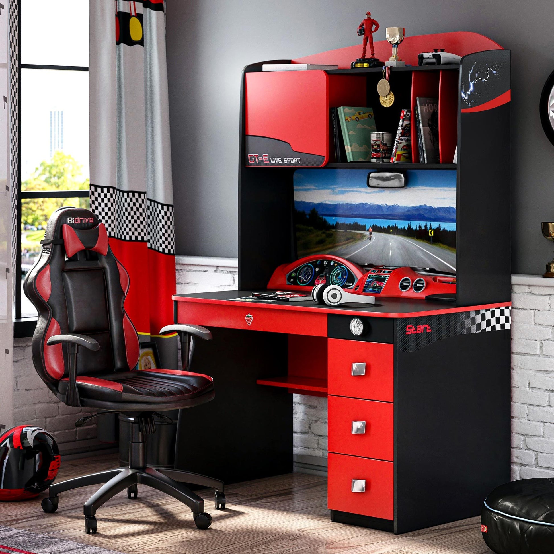 Champion Study Desk And Hutch With Cabinet Red Black Particle Board