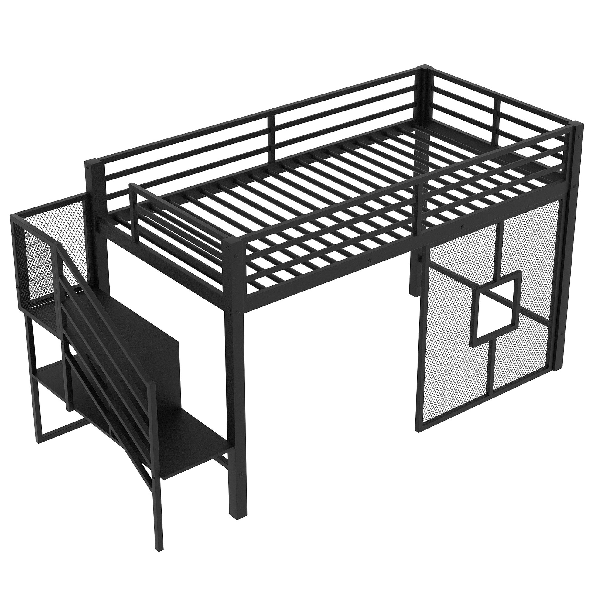 Twin Size Metal Low Loft Bed Frame With Storage Staircase And Iron Mesh,Black Expected Arrival Time:10.10 Black Metal