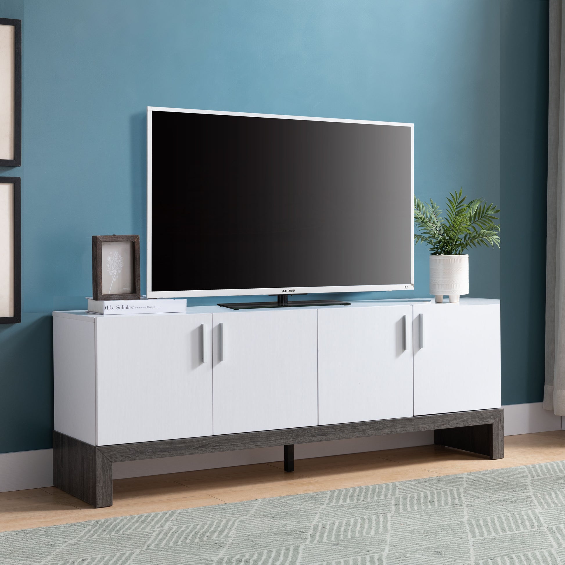 Tv Stand In White & Distressed Grey With Four Door Cabinets, Metal Hinges, And Sturdy Wooden Leg Platform White Charcoal 60 69 Inches Mdf